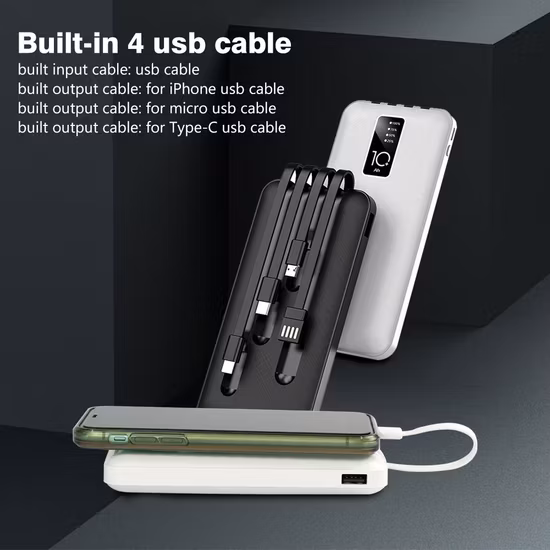 Carregamento rápido 10000mAh Power Banks Carregador Micro USB/Tipo C/Iluminação/USB 4 em 1 Cabo Portátil Mobile Power Bank