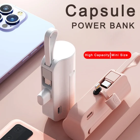 Melhor promoção pílula de presente oem 5000 mah emergência portátil recarregável cápsula compacta construída em cabo 2 em 1 mini banco de energia para iphone android tipo c