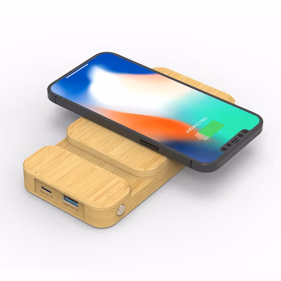 Carregador sem fio com design de madeira de bambu 4000mAh Treasure Mobile Power Bank com suporte que pode ser impresso com logotipo